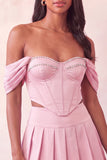 Vestido de Homecoming de 2 peças, Espartilho Rosa Claro Ombro Descoberto e Bordado