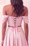 Vestido de Homecoming de 2 peças, Espartilho Rosa Claro Ombro Descoberto e Bordado