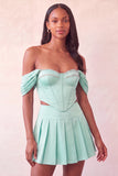Vestido de Homecoming de 2 peças, Espartilho Rosa Claro Ombro Descoberto e Bordado