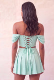 Vestido de Homecoming de 2 peças, Espartilho Rosa Claro Ombro Descoberto e Bordado