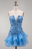 Vestido Curto de Homecoming Bodycon Bodycon Sem Lantejoulas Azul com Folhos