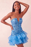 Vestido Curto de Homecoming Bodycon Bodycon Sem Lantejoulas Azul com Folhos