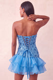Vestido Curto de Homecoming Bodycon Bodycon Sem Lantejoulas Azul com Folhos