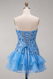 Vestido Curto de Homecoming Bodycon Bodycon Sem Lantejoulas Azul com Folhos