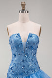 Vestido Curto de Homecoming Bodycon Bodycon Sem Lantejoulas Azul com Folhos