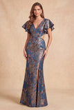 Vestido formal longo com decote em V e sereia Jacquard com corte floral azul-marinho