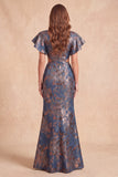 Vestido formal longo com decote em V e sereia Jacquard com corte floral azul-marinho