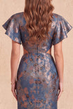 Vestido formal longo com decote em V e sereia Jacquard com corte floral azul-marinho