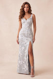 Sereia floral cinzento claro Tiras grossas Vestido formal comprido com fenda