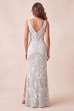 Sereia floral cinzento claro Tiras grossas Vestido formal comprido com fenda