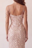 Vestido formal longo de sereia floral de ombro frio champanhe com fenda