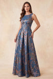 Vestido formal longo longo, galardo floral azul-marinho jacquard azul-marinho