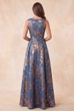 Vestido formal longo longo, galardo floral azul-marinho jacquard azul-marinho