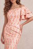 Sereia Pêssego Vestido Formal Midi Franzido com Manga Esvoaçante