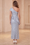 Vestido formal midi midi com um ombro e lantejoulas azul empoeirado