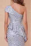 Vestido formal midi midi com um ombro e lantejoulas azul empoeirado