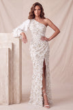 Vestido formal longo com lantejoulas floral cinzento claro de um ombro