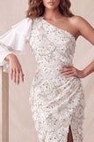 Vestido formal longo com lantejoulas floral cinzento claro de um ombro