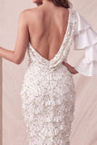 Vestido formal longo com lantejoulas floral cinzento claro de um ombro