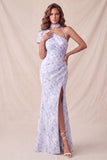 Vestido formal longo com sereia floral lilás de chiffon e franzido com fenda