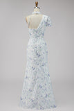 Vestido formal longo com sereia floral lilás de chiffon e franzido com fenda