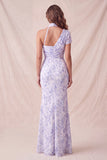 Vestido formal longo com sereia floral lilás de chiffon e franzido com fenda