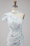 Vestido formal longo com sereia floral lilás de chiffon e franzido com fenda