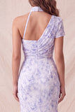Vestido formal longo com sereia floral lilás de chiffon e franzido com fenda