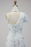Vestido formal longo com sereia floral lilás de chiffon e franzido com fenda
