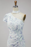 Vestido formal longo com sereia floral lilás de chiffon e franzido com fenda