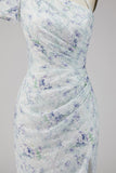 Vestido formal longo com sereia floral lilás de chiffon e franzido com fenda