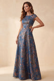 Jacquard floral azul-marinho com decote bateau com decote bato, vestido formal comprido com mangas curtas