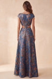 Jacquard floral azul-marinho com decote bateau com decote bato, vestido formal comprido com mangas curtas
