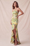 Vestido formal longo longo com sereia floral com decote halter e decote amarelo, com folhos e fenda
