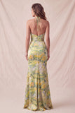 Vestido formal longo longo com sereia floral com decote halter e decote amarelo, com folhos e fenda