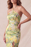 Vestido formal longo longo com sereia floral com decote halter e decote amarelo, com folhos e fenda