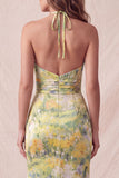 Vestido formal longo longo com sereia floral com decote halter e decote amarelo, com folhos e fenda