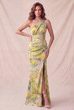 Vestido formal longo amarelo, floral de um ombro e franzido com fenda