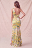 Vestido formal longo amarelo, floral de um ombro e franzido com fenda