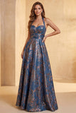 Jacquard Navy Floral A-Line Arrugado Vestido Formal Longo
