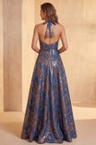 Jacquard Navy Floral A-Line Arrugado Vestido Formal Longo