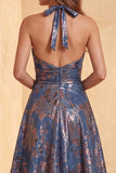 Jacquard Navy Floral A-Line Arrugado Vestido Formal Longo