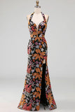 Lantejoulas pretas Floral Sereia com gola alta, vestido formal comprido com fenda