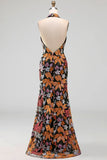Lantejoulas pretas Floral Sereia com gola alta, vestido formal comprido com fenda