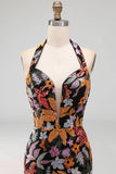 Lantejoulas pretas Floral Sereia com gola alta, vestido formal comprido com fenda