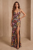 Lantejoulas pretas Floral Sereia com gola alta, vestido formal comprido com fenda