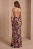 Lantejoulas pretas Floral Sereia com gola alta, vestido formal comprido com fenda