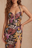 Lantejoulas pretas Floral Sereia com gola alta, vestido formal comprido com fenda