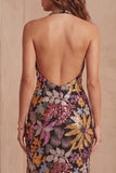 Lantejoulas pretas Floral Sereia com gola alta, vestido formal comprido com fenda