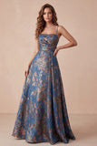 Vestido formal comprido longo com alças finas em jaquard azul-marinho jacquard